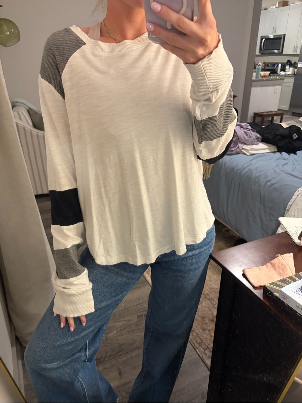 Evereve Ivory Raglan Sleeve Pullover with Gray & Black Stripes